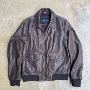 VTG Tommy Hilfiger Brown Lined 100% Genuine Leather Bomber Biker Jacket Lined M